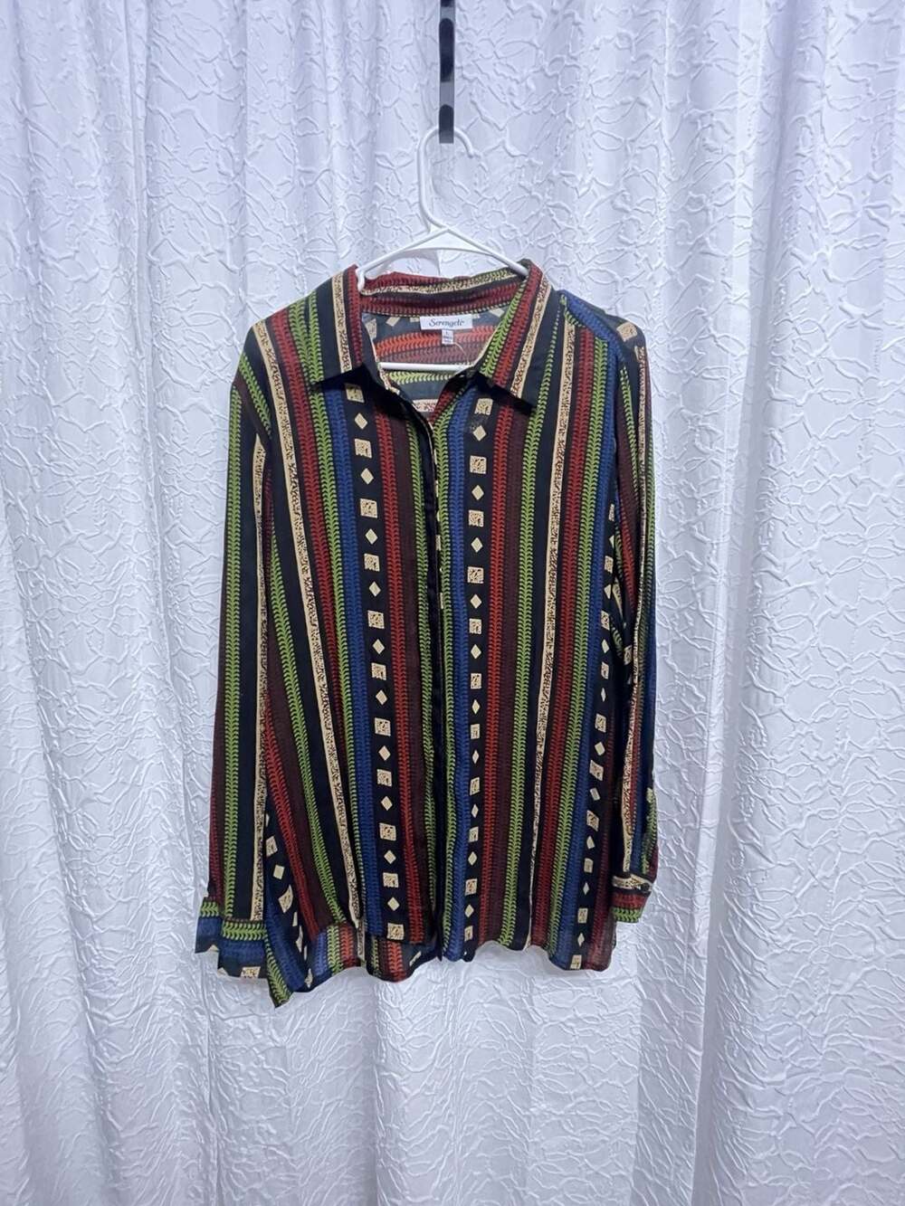 Serengeti Colorful Striped Tunic Top L Button Up Boho Artsy Casual